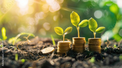 Three saplings growing on stacked coins in soil - An uplifting image depicting three small saplings growing on rising stacks of coins in rich soil, symbolizing growth and investment