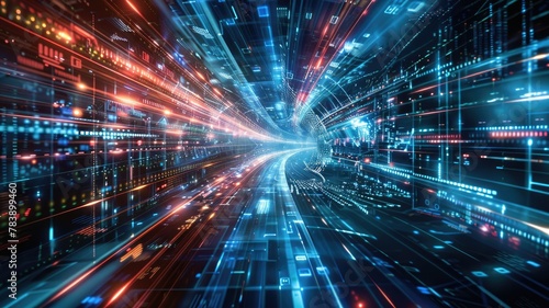 High-speed data tunnel in cyberspace - An electrifyingly fast data stream rushing through a futuristic tunnel in a cybernetic landscape