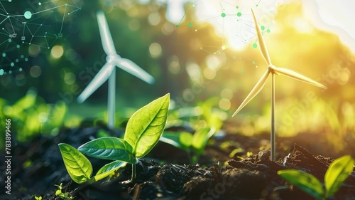 Two wind turbines and green leaves on rich soil - An eco-friendly image showing two wind turbines on fertile ground with vibrant green leaves, representing alternative energy © Mickey