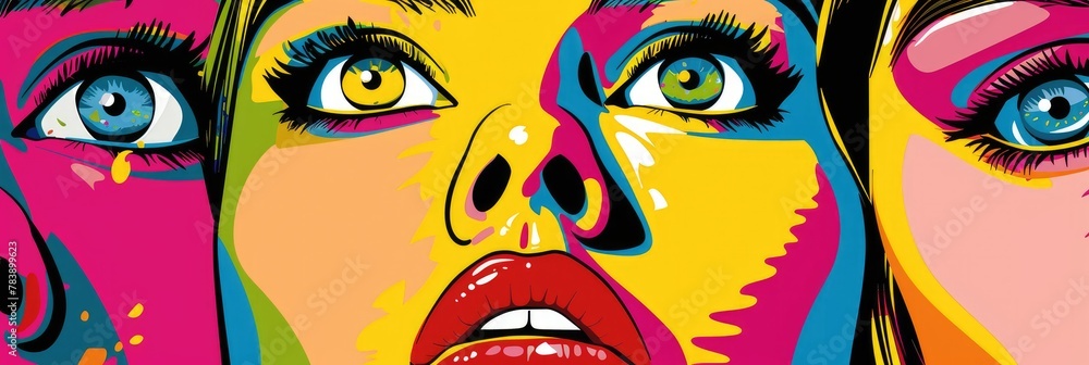 Colorful pop art style female faces - Bold and colorful close-up of female faces with expressive eyes in a pop art artistic style
