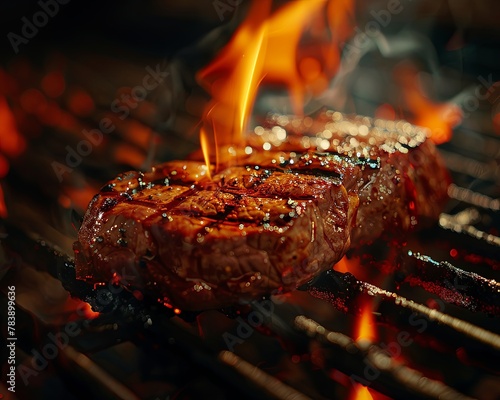 A juicy steak sizzling on the grill with flames leaping up around it.