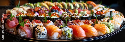 Exquisite selection of varied sushi pieces - A wide array of sushi varieties filling the entire platter with a mix of colors and textures