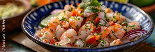Colorful shrimp ceviche in a blue rimmed bowl - A vibrant, colorful shrimp ceviche with a mix of herbs and diced vegetables in a blue rimmed bowl