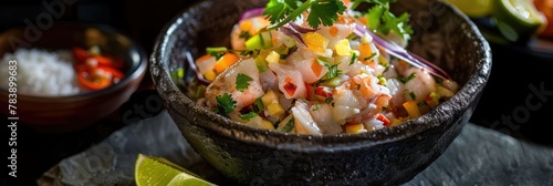 Shrimp ceviche in a dark rustic bowl - A tantalizing shrimp ceviche garnished with fresh herbs and vegetables, served in a traditional dark bowl