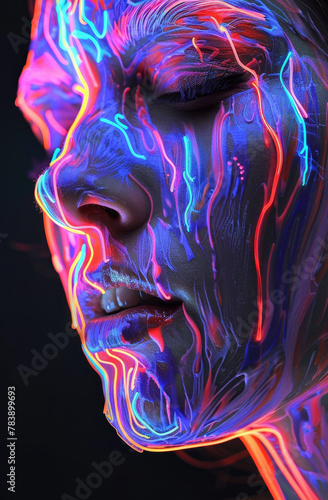 close up of Fantasy meets marketable art as faces dissolve into neon lines creating a mesmerizing spectacle of melting beauty