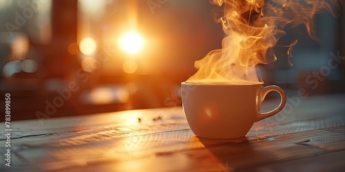 Cup of coffee with steam rising in the morning light #783899850