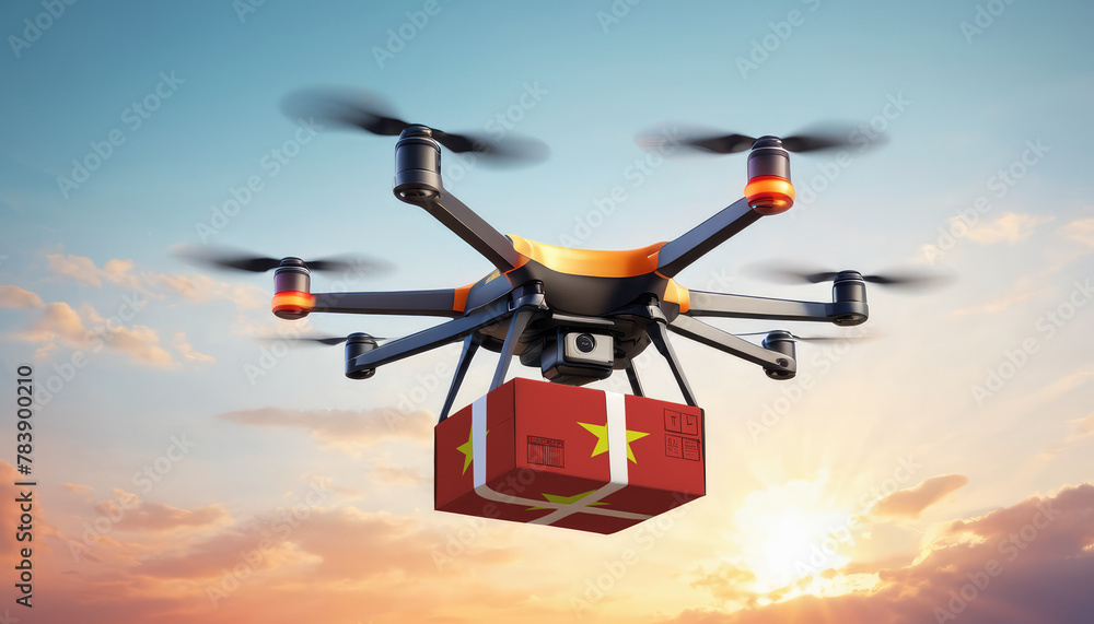 A drone delivers a box with a Vietnam flag. The concept of delivering goods, food from stores to the client’s home in the Vietnam. A drone delivers a box with a Vietnam flag. The concept of delivering goods, food from stores to the client’s home in the Vietnam.