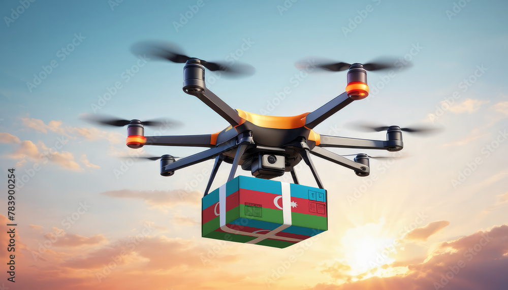 A drone delivers a box with a Azerbaijan flag. The concept of delivering goods, food from stores to the client’s home in the Azerbaijan. A drone delivers a box with a Azerbaijan flag. The concept of delivering goods, food from stores to the client’s home in the Azerbaijan.