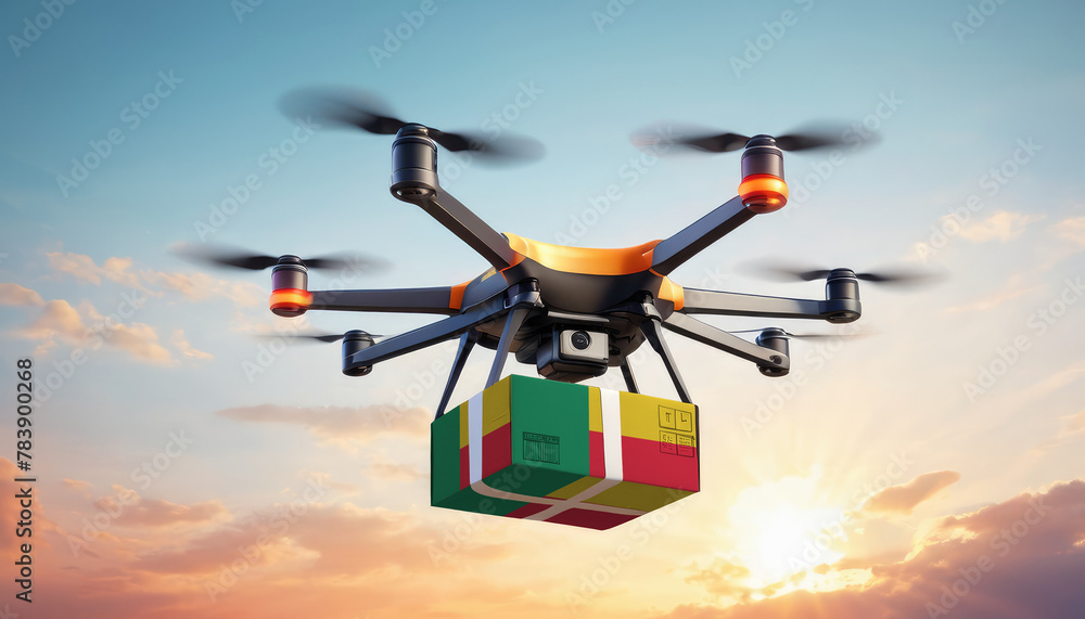 A drone delivers a box with a Benin flag. The concept of delivering goods, food from stores to the client’s home in the Benin. A drone delivers a box with a Benin flag. The concept of delivering goods, food from stores to the client’s home in the Benin.