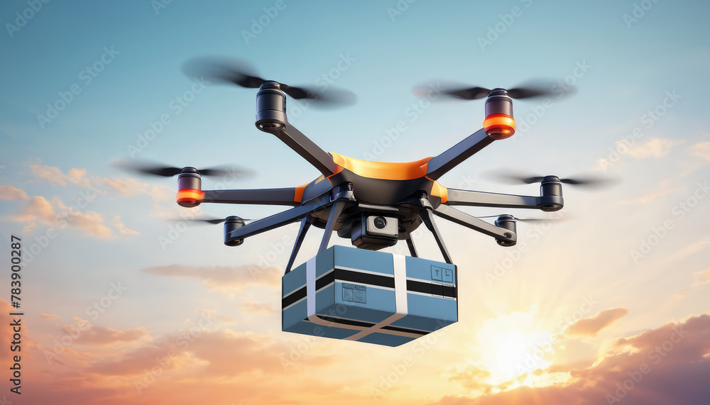 A drone delivers a box with a Botswana flag. The concept of delivering goods, food from stores to the client’s home in the Botswana. A drone delivers a box with a Botswana flag. The concept of delivering goods, food from stores to the client’s home in the Botswana.