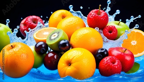 fresh fruits, splash, vibrant colors.