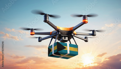 A drone delivers a box with a Bahamas flag. The concept of delivering goods, food from stores to the client’s home in the Bahamas.