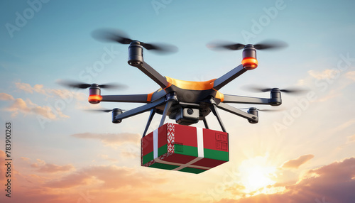 A drone delivers a box with a Belarus flag. The concept of delivering goods, food from stores to the client’s home in the Belarus.