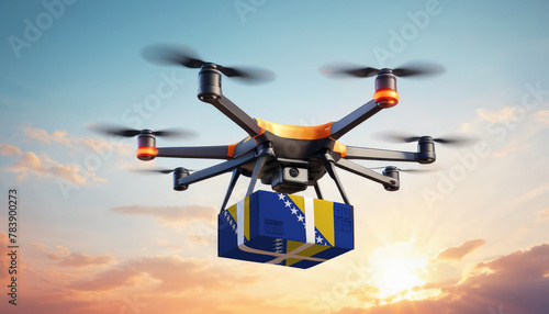 A drone delivers a box with a Bosnia and Herzegovina flag. The concept of delivering goods, food from stores to the client’s home in the Bosnia and Herzegovina. photo