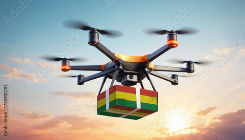 A drone delivers a box with a Bolivia flag. The concept of delivering goods, food from stores to the client’s home in the Bolivia.