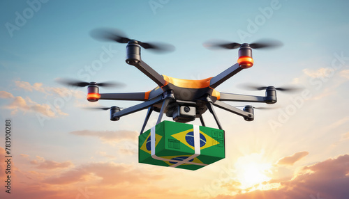 A drone delivers a box with a Brazil flag. The concept of delivering goods, food from stores to the client’s home in the Brazil. photo