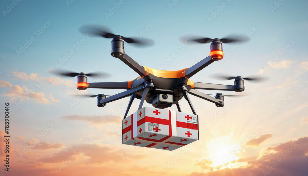 A drone delivers a box with a Georgia flag. The concept of delivering goods, food from stores to the client’s home in the Georgia. A drone delivers a box with a Georgia flag. The concept of delivering goods, food from stores to the client’s home in the Georgia.