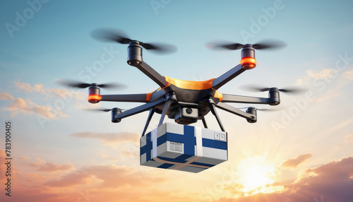 A drone delivers a box with a Finland flag. The concept of delivering goods, food from stores to the client’s home in the Finland.