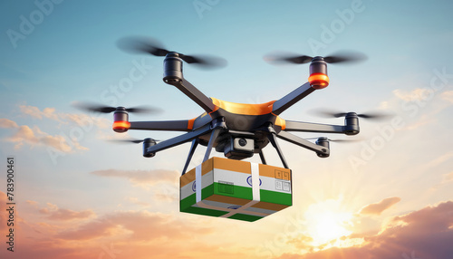 A drone delivers a box with a India flag. The concept of delivering goods, food from stores to the client’s home in the India.