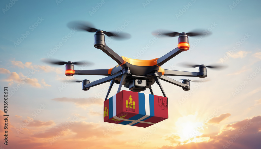 A drone delivers a box with a Mongolia flag. The concept of delivering goods, food from stores to the client’s home in the Mongolia. A drone delivers a box with a Mongolia flag. The concept of delivering goods, food from stores to the client’s home in the Mongolia.