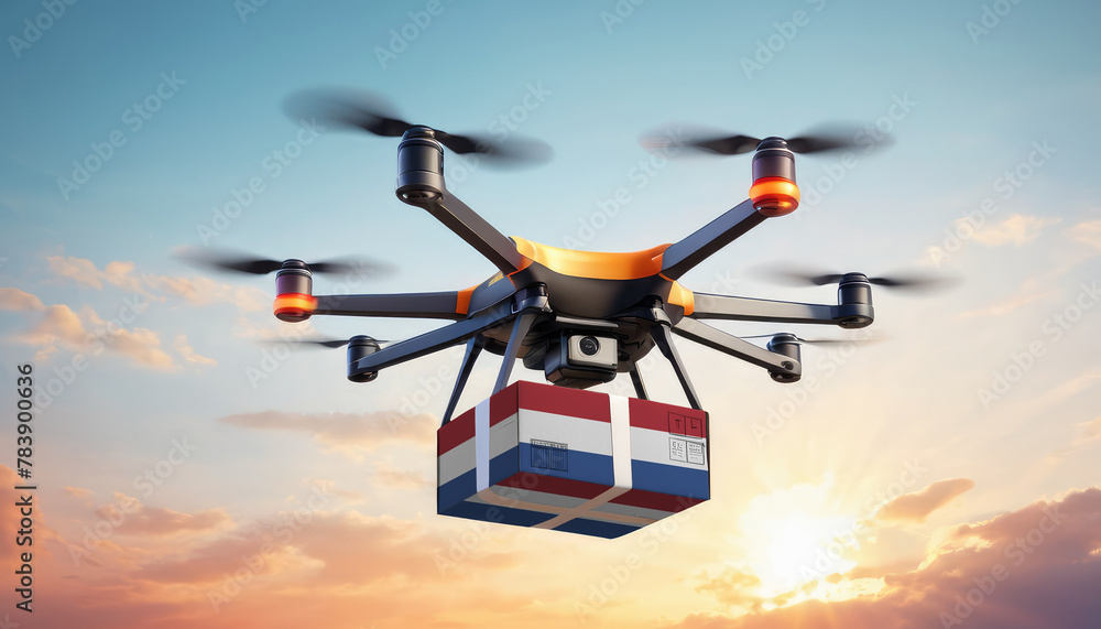 A drone delivers a box with a Netherlands flag. The concept of delivering goods, food from stores to the client’s home in the Netherlands. A drone delivers a box with a Netherlands flag. The concept of delivering goods, food from stores to the client’s home in the Netherlands.