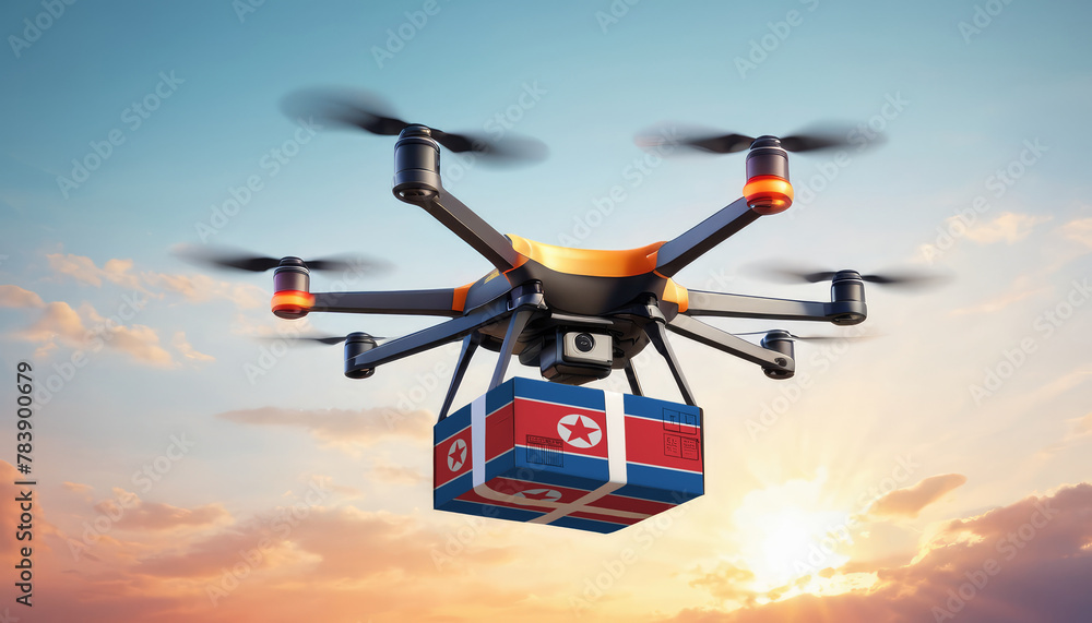 A drone delivers a box with a North Korea flag. The concept of delivering goods, food from stores to the client’s home in the North Korea. A drone delivers a box with a North Korea flag. The concept of delivering goods, food from stores to the client’s home in the North Korea.