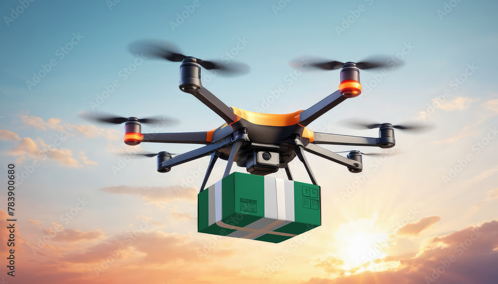 A drone delivers a box with a Nigeria flag. The concept of delivering goods, food from stores to the client’s home in the Nigeria. A drone delivers a box with a Nigeria flag. The concept of delivering goods, food from stores to the client’s home in the Nigeria.
