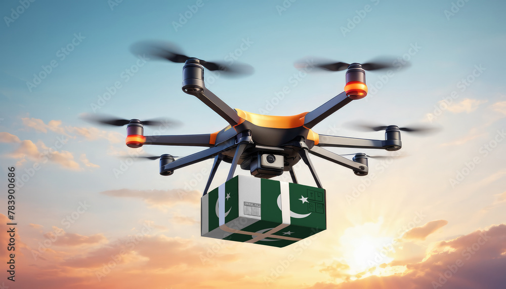 A drone delivers a box with a Pakistan flag. The concept of delivering goods, food from stores to the client’s home in the Pakistan. A drone delivers a box with a Pakistan flag. The concept of delivering goods, food from stores to the client’s home in the Pakistan.