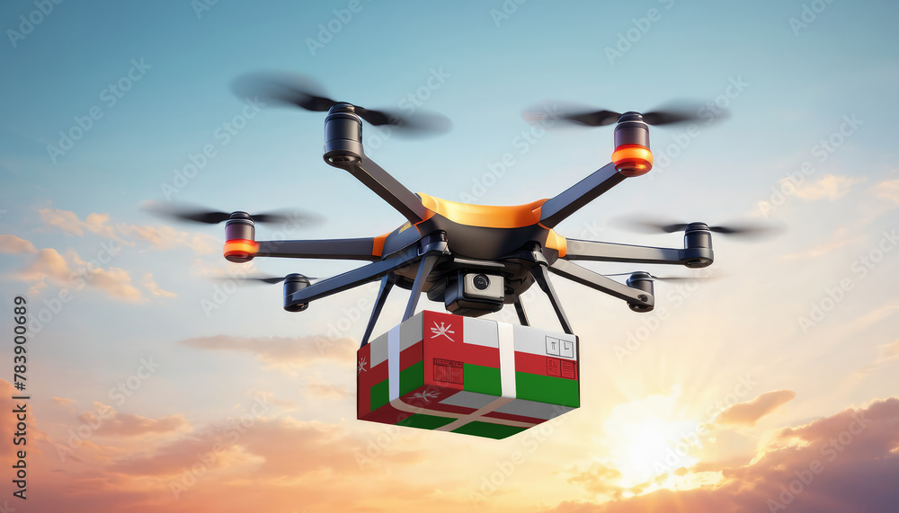 A drone delivers a box with a Oman flag. The concept of delivering goods, food from stores to the client’s home in the Oman. A drone delivers a box with a Oman flag. The concept of delivering goods, food from stores to the client’s home in the Oman.