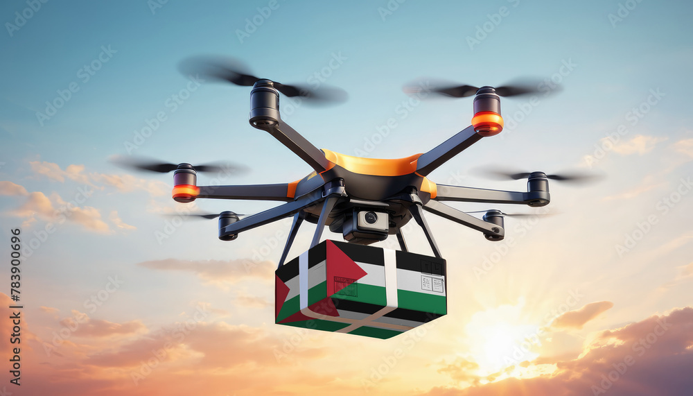 A drone delivers a box with a Palestine flag. The concept of delivering goods, food from stores to the client’s home in the Palestine. A drone delivers a box with a Palestine flag. The concept of delivering goods, food from stores to the client’s home in the Palestine.
