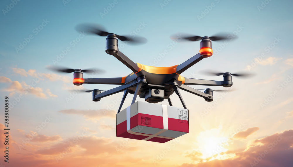 A drone delivers a box with a Poland flag. The concept of delivering goods, food from stores to the client’s home in the Poland. A drone delivers a box with a Poland flag. The concept of delivering goods, food from stores to the client’s home in the Poland.