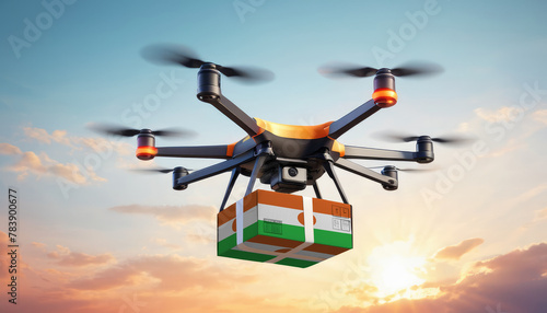A drone delivers a box with a Niger flag. The concept of delivering goods, food from stores to the client’s home in the Niger.