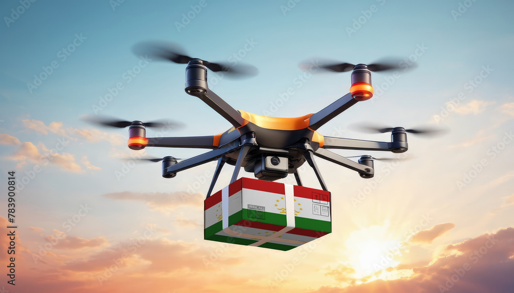 A drone delivers a box with a Tajikistan flag. The concept of delivering goods, food from stores to the client’s home in the Tajikistan. A drone delivers a box with a Tajikistan flag. The concept of delivering goods, food from stores to the client’s home in the Tajikistan.