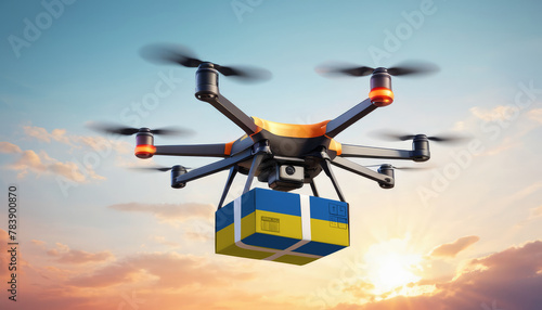 A drone delivers a box with a Ukraine flag. The concept of delivering goods, food from stores to the client’s home in the Ukraine.