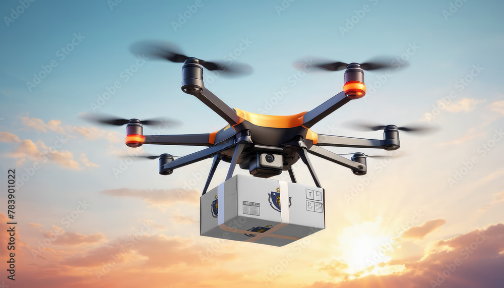 A drone delivers a box with a Massachusetts flag. The concept of delivering goods, food from stores to the client’s home in the Massachusetts. A drone delivers a box with a Massachusetts flag. The concept of delivering goods, food from stores to the client’s home in the Massachusetts.