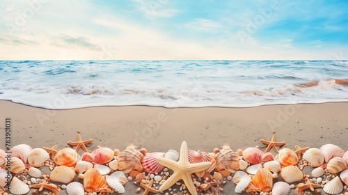 Seashells and starfish on a sandy beach with the ocean in the background