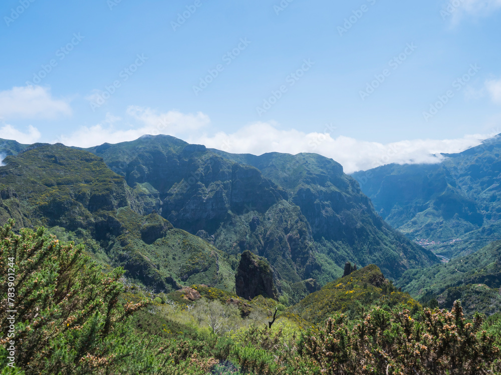 Obraz premium View of green hills, mountain landscape in clouds at blue sky. and lush vegetation at hiking trail PR12 to Pico Grande one of the highest peaks in the Madeira, Portugal