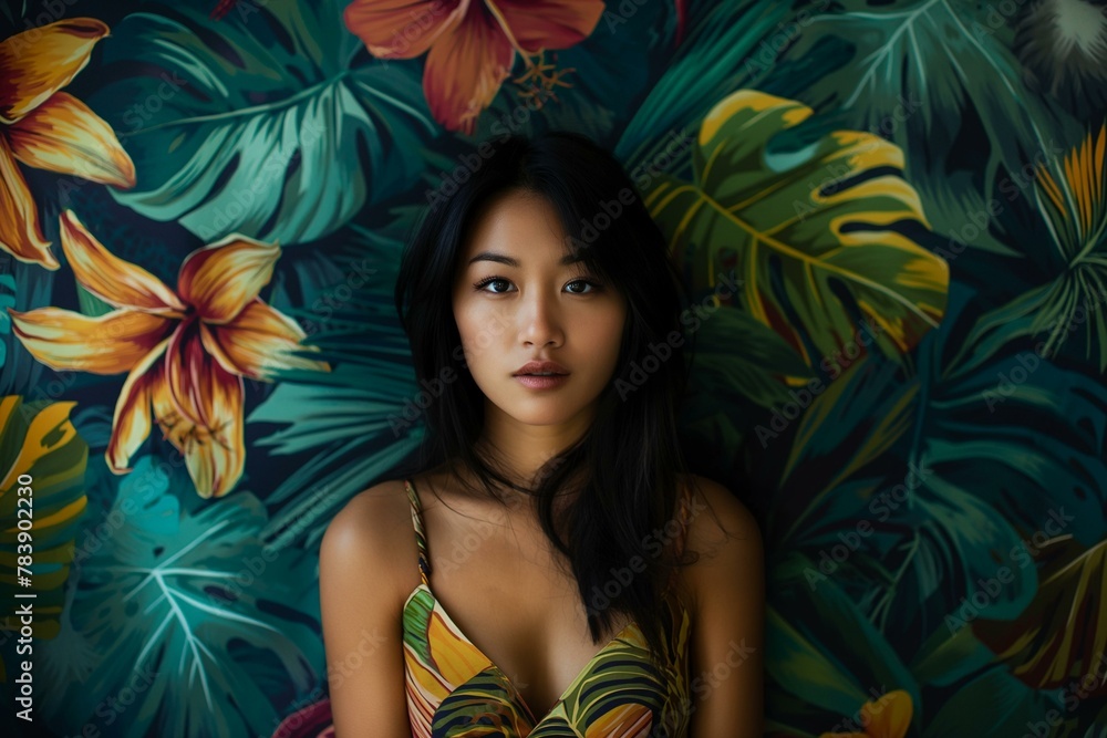 Beautiful Young Woman Poses with Tropical Floral Backdrop