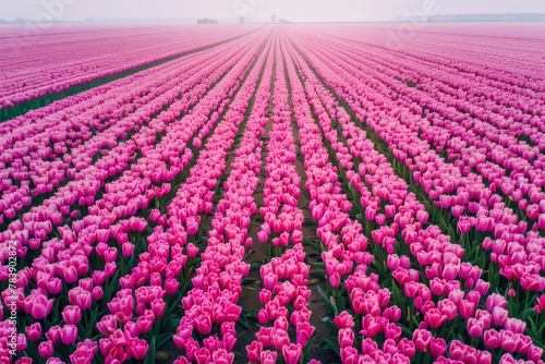 Aerial drone view of colorful pink tulip fields leading to the horizon  spring in Holland.