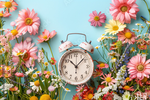 vintage alarm clock surrounded by a vibrant colorful flowers on light blue background