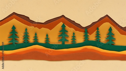 Colorful paper art forest and mountains. A creative panoramic paper art of a forest with bright colored trees against white mountains and a backdrop. Great for christmas postcard design inspiration © Merilno