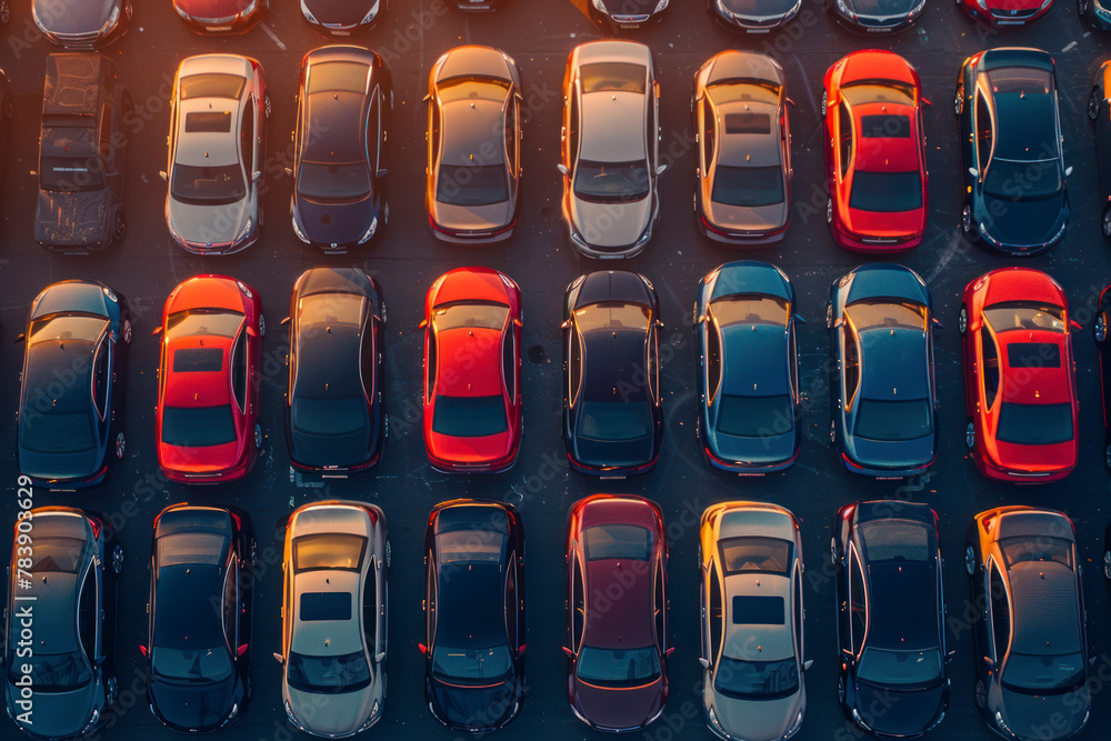 Fototapeta premium Aerial view of new cars stock at factory parking lot. Above view cars parked in a row.