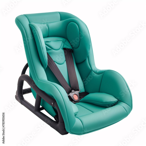 Comfortable baby car seat, emerald color, isolated on white background.