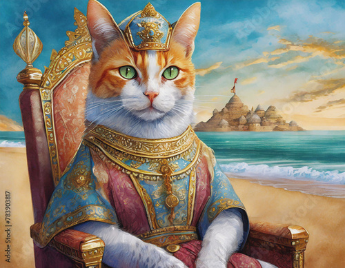 Calico Cat Maharaji on Beachside Throne Illustration AI