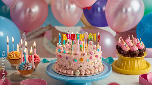  White Birthday cake with colorful Sprinkles over a blue background.  