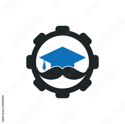 Mustache education gear shape concept logo. Strong education logo design template. Hat graduation with mustache icon design. 