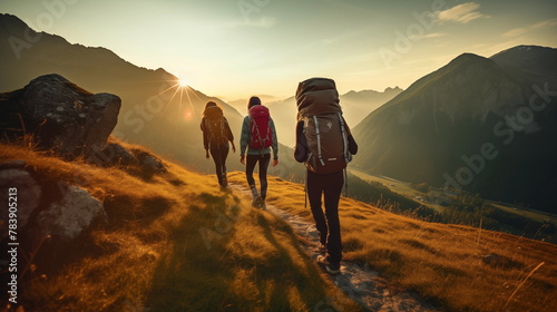 Group of sporty people walks in mountains at sunset with backpacks. Mountain travel hike people adventure man summer journey tourism group sunset trekking photo