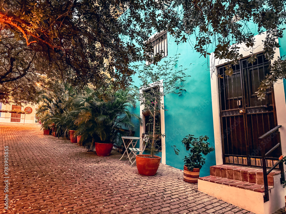 Naklejka premium San Juan, Puerto Rico - March 26, 2024: Rustic building entrances and doors along the side streets in the old town of San Juan, Puerto Rico 