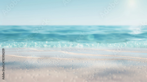 Simple, blurry background of a sandy beach and calm sea. © Bela