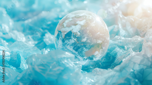 a globe covered with polythene. Earth suffocates in plastic. Fight for a plastic-free future this Earth Day. Choose reusables, ditch the polythene. earth day concept. copy space. photo